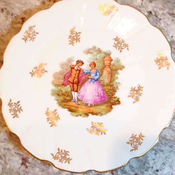 Limoges France antique mid century plate platter gold man woman courting - Picture 13 of 16